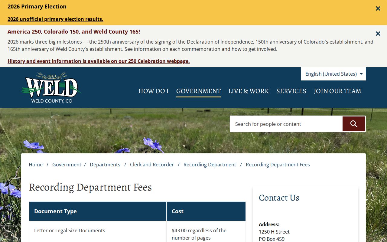 Weld County marriage records recording fee schedule