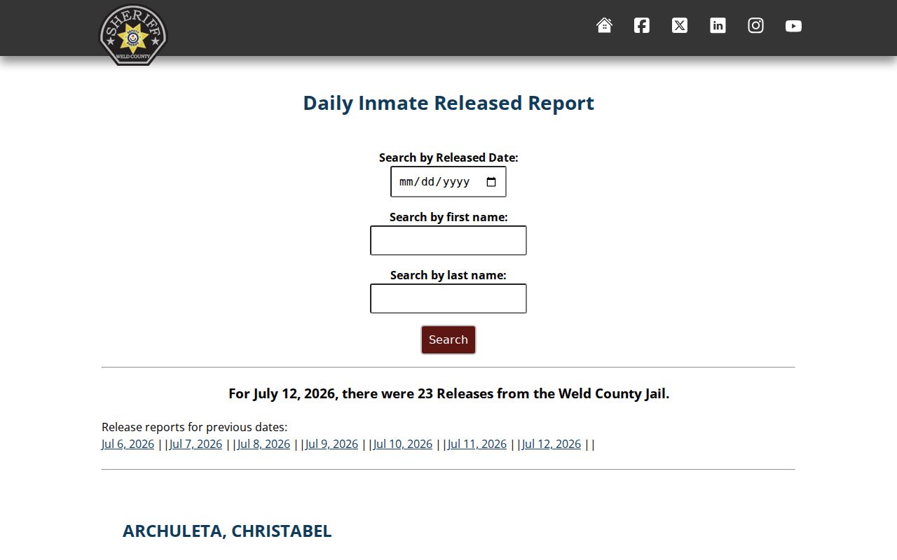 Weld County inmate records daily release report