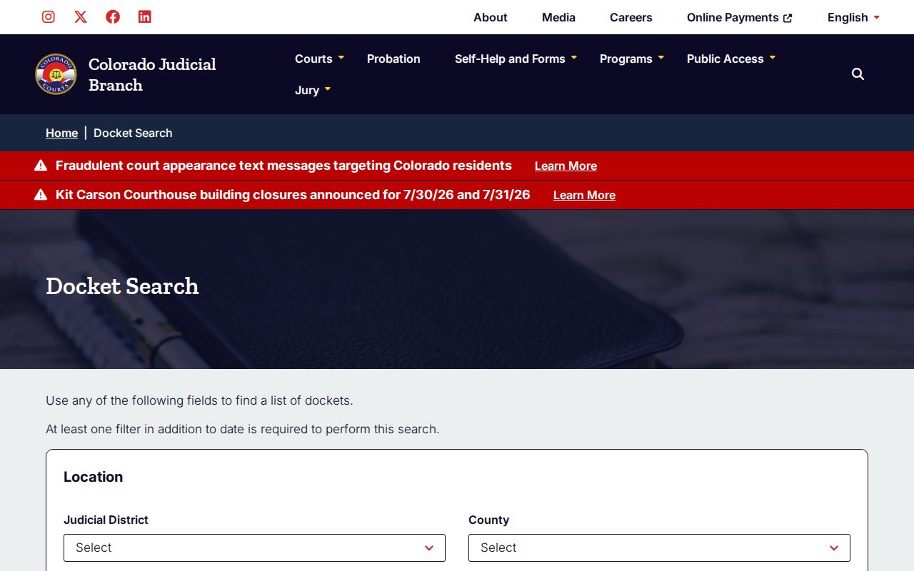 Weld County court records Colorado Judicial Branch docket search