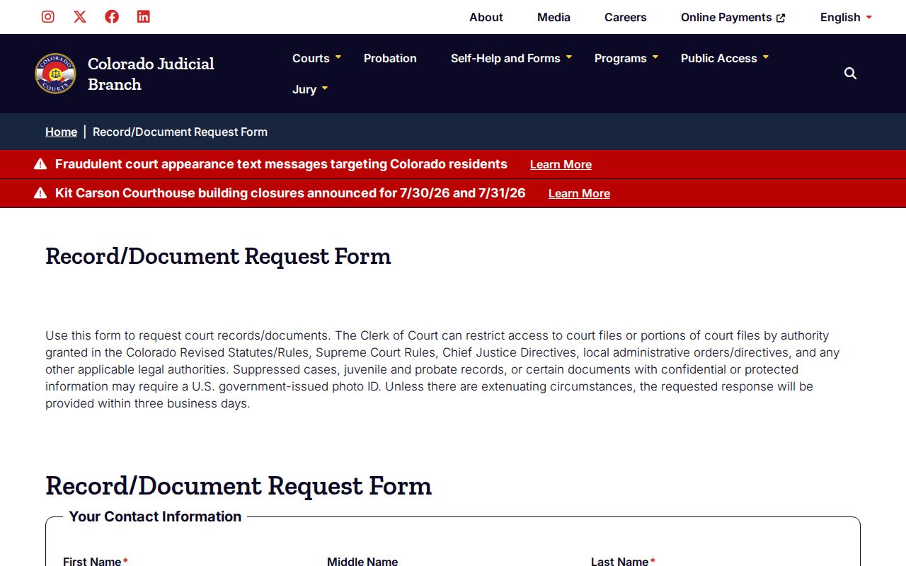 Weld County court records document request form